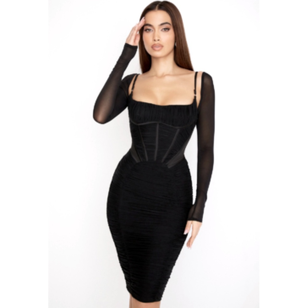 NWT HOUSE OF CB Freyja Gathered Corset Dress w Sheer Sleeves - Black Size Medium